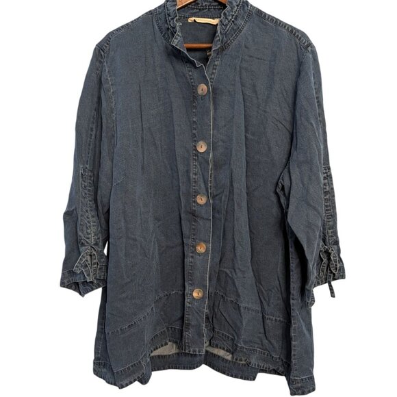 Soft Surroundings Tops - Soft Surroundings Women 2X Tencel Denim Button-Up Shirt Ruffle Collar Split Cuff